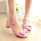 Japanese Sweet Lolita Pumps Maid Cosplay Princess Mary Jane Shoes Cute Bow Strap Buckle Plus Size 34-50 Black Pink