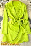 Elegant Women's Dress New Spring Summer Notched Collar Long Sleeve Bow-tied Sash A-line Casual Office Lady Short