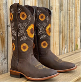 Women's Embroidered Boots Printed Glitter Western Cowgirl Boots Retro Toe Mid Calf Chunky Heel Boots Roman Style Botas