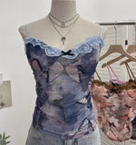 Real-Shooting Lace Bow Repair Body Tie-Dye-Print Mesh Hottie Pure Desire Sling Vest With Chest Cushion Top