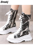 Denim Women's Boots Ladies Chunky Heel Platform Round Toe Shoes Denim Ankle Women Boot Jeans Casual Lace Up Sports Boot