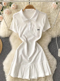 Women Dress Solid Turn down Collar Short Sleeve Buttons Mini Dress Fashion Streetwear Casual Female Pleated Dress