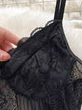 Black Bodysuit for Women V-neck Spaghetti Strap Sleeveless Hollow Out Floral Lace Backless Skinny Bodysuits Body