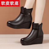 Heel Soft Leather Martin Boots 2023 Autumn And Winter New Muffin Soft Soles Mother Spring And Autumn Wear Large-Size Single