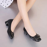Heels 2024 New Summer Leather Single Shoes Medium Thick Heels Professional Commuting Women's Shoes Work Shoes Black Leather