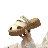 Breakj Version Of The Trend Fashion Slippers Women's Hollow Beads Wearing Beach Shoes Simple Thick Soles Small Height
