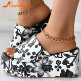 High Heeled Women's Slippers 2023 European Style Flower Pattern Comfy Walking Shoes Plus Size Summer Outside Lady