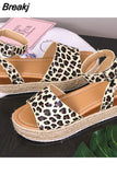 Wedges Shoes of Women Summer 2023 Ankle Strap Leopard Open Toe Flat Sandals Leopard Straw Platform Sandals Plus Size