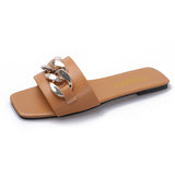 Breakj Summer New Net Red Flat Bottom Chain Cool Slippers Women Wear Fashion Metal Buckle Retro Ins