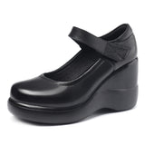 Breakj And Autumn Women's Shoes Thick Bottom Slope And Shallow Single Shoes High Heels Ladies Leather Shoes Magic Stick Round Head Loose Cake Middle-Naught Mother