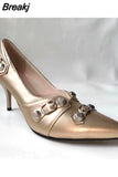 New Dropship 2023 Summer Sexy Women Mules Pump Sandals 7cm Thin High Heeled Big Size 43 Open Sole Moto Biker Rivets