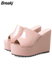 Concise Leather Peep Toe Wedges Slippers Sandals Women 12 CM High Heels Female Platform