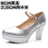 Breakj Head Buckle Waterproof Table 8CM High Heel Women's Shoes Thick-Soled Model Show Shoes Coarse Heel Work Shoes Silver Single