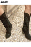Suede Embroidered Mid-Calf Boots Women Designer Shoes Thick Heel Pointed Toe Cowboy Boots for Women Knight Botas