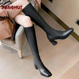 Winter New Black High Knee Length Elastic Boots Women's Lacquer Leather Side Zipper High Heels Elegant Versatile