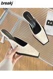 Weave Slippers Women High Heel Square Toe Shallow Mule Outdoor Slide Fashion Black White Plaid Flip Flops Zapatillas