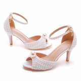 Breakj Cm Pearl Fish Mouth High Heel Sandals Shallow Buckle With Large-Size Round-Head High Heel White Ribbon Wedding