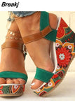 Dropship Platform Wedges Woman Sandals 2023 Summer New Women Floral Pattern Ankle Strap Sandals Fashion Green Wedge