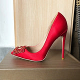 Square Rhinestones Women Red Silk Satin Pointy Toe High Heel Wedding Bridal Shoes Elegant Ladies Stiletto Pumps