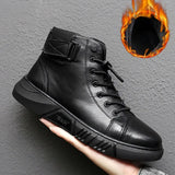 Boots Men Black PU Leather Shoes Autumn Winter Comfortable Platform Casual Shoes High-top 2023 Fashion Leahter Boots