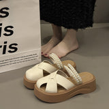 Breakj Version Of The Trend Fashion Slippers Women's Hollow Beads Wearing Beach Shoes Simple Thick Soles Small Height