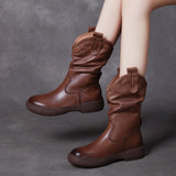 Breakj Boots Pile Boots Top Layer Of Kraft Mid-Sleet Boots Women Flat Bottom Soft Skin Autumn Winter Leather Martin Boots Horse Rider