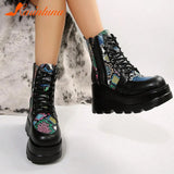 Women's Punk Gothic Platform Wedge Ankle Boots 2023 Hot Sale Round Toe Lace Up Buckle Strap Short Boots Side Zipper Female