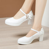 Heels, Thick Heels, Walking Shoes, Women's Leather Waterproof Table, Round Head Cheongsam Show Shoes, Black Professional Work