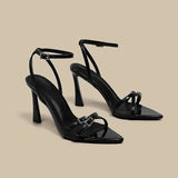Breakj Word With Water Drill Sandals Women 25 New French Temperament High-Heeled Shoes Side Buckle Tip Sexy Thin Heeled Toe Women's