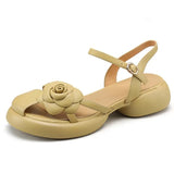 Breakj Summer Round Head Flowers Sweet Platform Sandals Comfortable One Word Buckle Beach Wind Low Heel Casual Women's