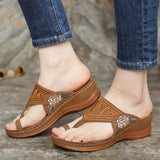 Wedge Shoes Soft Sole Vintage Ladies Sandals Embroidery Flower Casual Shoes For Women Comfy Mom Footwear Flip Flops