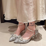 Breakj Temperament Pointed Bow Pearl Word With Silver High Heels Fine Heel Adult Lilies Hollow Lolita