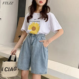 New Woman Wide Legs High Waist Blue Knee-lenght Denim Shorts Casual Female Loose Fit Jeans Vintage Ladies Bermuda