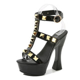 Rivet Women Slides Summer Pumps T-Belt Hollow Out Sexy Pole Dancing Shoes Thick Platform Models High Heels Sandals