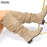 High Quality Pleated Boots Women Black Nude Faux Suede Flock Knee High Boots Ladies Flat Autumn Winter Dress