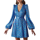 New Women Sexy V Neck Letters Print Fashion Short Dresses Casual Satin Slim Lantern Sleeves Zipper Elegant Party