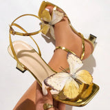 Breakj Selling Women High Heels Phantom Butterfly Mature PU Leather Square Head Heel Women's