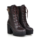 Breakj Autumn And Winter Short Boots Pu Korean Version Of The Round Head Waterproof Table High Coarse Tying Buckle Lady Large Size Short