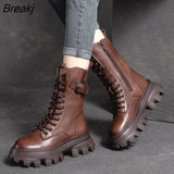 Retro Vintage Platform Female Mid-Calf Boots Handmade Round Toe Med Heels Shoes For Women Genuine Leather Boots