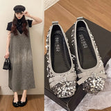 Silver Bow Patbud Dance Shoes Spring 2024 New Round Head Flashing Beads Thick Heel
