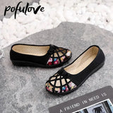 Summer Ladies Flat Shoes Hollowed Out Non-slip Soft Bottom Middle-aged and Elderly Embroidered Slip-on