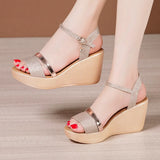 High-Heeled Sandals Women's Gold 2023 New Summer Muffin Thick Soles Large Size One-Word Flat-Soled Soft Sandals Comfortable