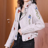 New Spring Autumn Women Biker Leather Jacket Floral Print Embroidery Pu Leather Jacket Turn-down Collar Zipper