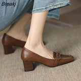 French Retro Mid-heel Leather Shoes Women's 2023 Spring Autumn New One Pedal Bow Thick Heel Square Toe High Heels