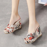 Size Women's Shoes A Word New Round Head Casual Flowers Thick Bottom Fish Mouth Slope Outside Wearing Cool Slippers