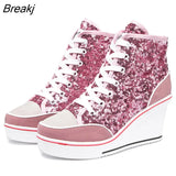 Top Women Height Increasing Wedges Lace Up Shoes Flats Casual Ankle High Top Sliver Canvas Shoes Glitter Sequins Plue