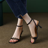 Size 34-40 Women Sandals Real Leather Fashion Chain High Heels Summer Shoes For Women 2023 Elegant Chunky