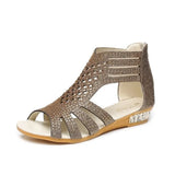 Women's Sandals Summer Golden Zipper Sandal Open Toe Gladiator Hollow Low Heel Sandals Bling wedges Pumps Ladies'