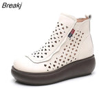 New Genuine Leather Wedge Ankle Boots For Women Summer Platform Shoes Retro Hollow Out Back Zipper Breathable Cool