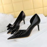 Breakj Korean Version Pedicure Slim And Sweet Women's Shoes Thin Heel High Heel Shallow Tip Side Hollow Bow Single